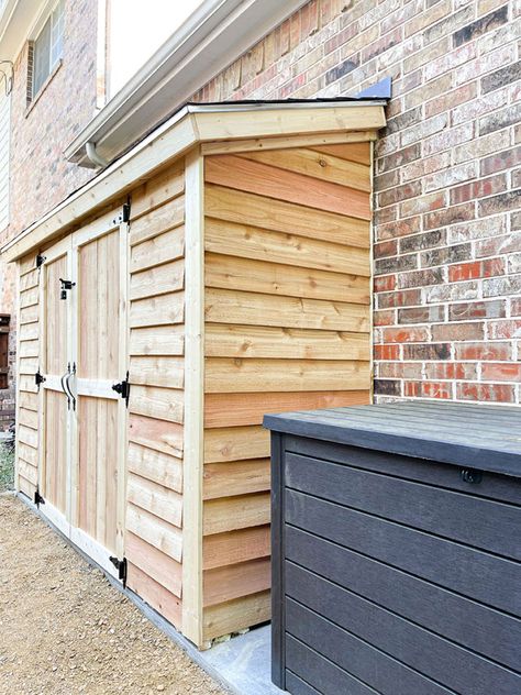 Our lean to DIY Cedar Garden Shed for landscaping storage in our backyard. 2 Sheds In Backyard, Shed Small Backyard, Shed Connected To House, Side Yard Storage Shed, Outdoor Closet Ideas, Push Mower Storage Shed, Surf Shed Ideas, Lean Two Shed, Workshop Shed Ideas