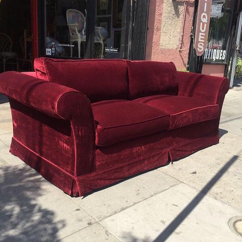 Slipping Into | Pair of Custom Made Deep Red Velvet Sofas — Casa Victoria - Vintage Furniture On Los Angeles Sunset Boulevard Tv Room Sofa, Velvet Couch Living Room, Red Couch Living Room, Red Velvet Sofa, Los Angeles Sunset, Velvet Sofa Living Room, Deep Red Velvet, Velvet Sofas, Boho Sofa