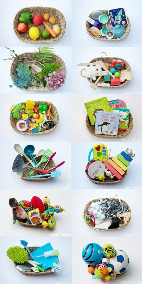 Sensory, exploration baskets Infant Education, Sensory Basket, Heuristic Play, Baby Montessori, Baby Sensory Play, Baby Play Activities, Montessori Baby, Montessori Toddler, Toddler Play