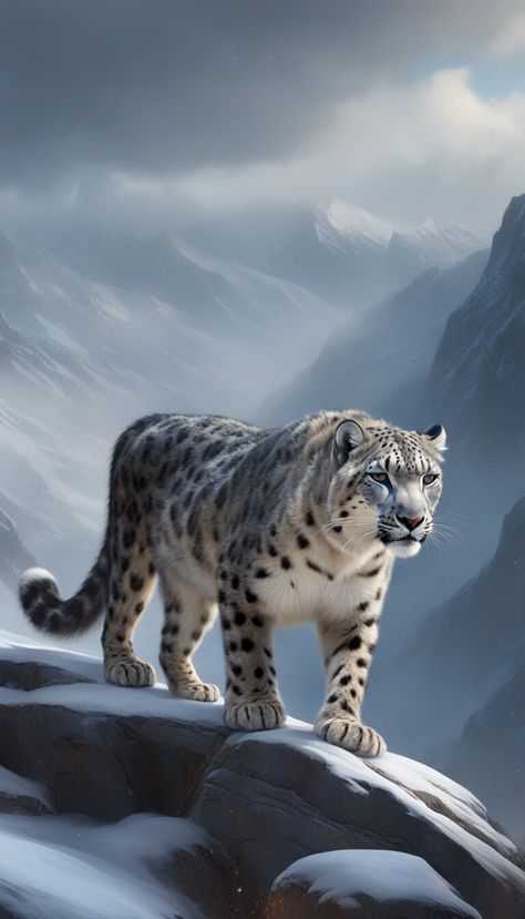 Snow leopard in a landscape with high mountains covered with snow - AI creation Wallpaper Tigre, Snow Leopard Art, Exotic Mammals, Leopard Art, Big Cats Art, Snow Leopard, Zoology, Leopards, Big Cats