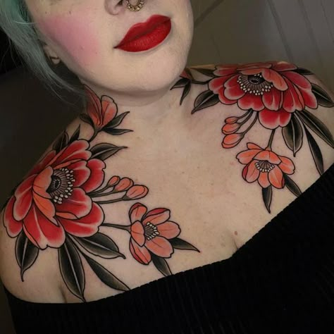 Poppy Neck Tattoo, Neotraditional Chest Piece, Traditional Tattoo Chest Piece Women, Neo Traditional Chest Tattoo Female, Neo Traditional Shoulder Tattoo, Neo Trad Chest Tattoo, Chest Tattoo Female Color, American Traditional Chest Tattoo Female, Collarbone Tattoo Traditional