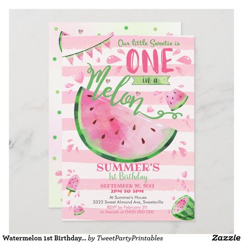 Watermelon Birthday Party, Watermelon Invitations, One In A Melon Birthday, Watermelon Birthday Parties, Bear Invitations, Watermelon Party, Fun Party Themes, Watermelon Birthday, 1st Birthday Invitation