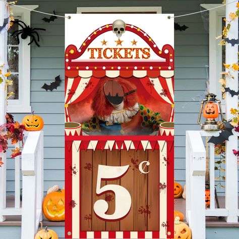 PRICES MAY VARY. Easy to Use: our Halloween carnival photo booth backdrop is equipped with a 600 cm/ 19.69 ft rope, which you to hang this Halloween circus banner on the grommets, saving you time to assemble or detach and making your Halloween party more charming Horrible Clown Theme: the Halloween circus backdrop banner is designed with a creepy clown with many bright colors, adopts circus tent elements as frame, and the face party is hollow so that people can take some personalized pictures on Photo Booth Carnival, Clown Photo, Clowns Halloween Decorations, Mexican Theme Party Decorations, Clown Photos, Haunted Carnival, Backdrop Props, Carnival Party Decorations, Circus Party Decorations