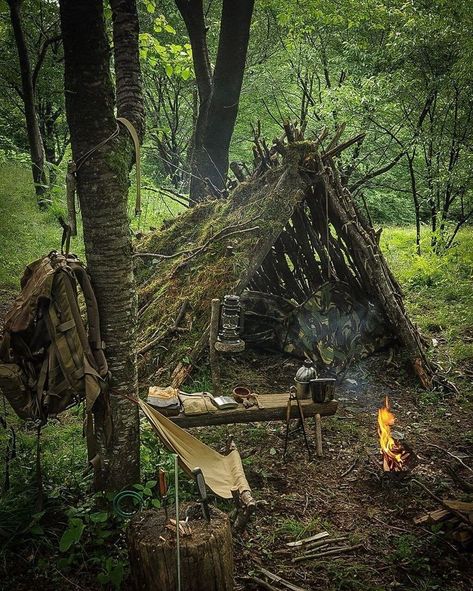 Camp In Forest, Survival Shelter Ideas, Woods Hangout Spot, Forest Tent, Shelters In The Woods, Bushcraft Shelter, Tree Camping, Apocalypse Aesthetic, Forest Camp