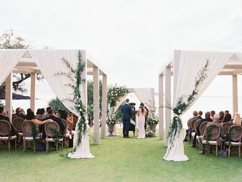 Shaded Wedding Ceremony, Hawaii Backyard, Canopy Draping, Wedding Canopy Outdoor, Canopy Wedding, Whimsical Theme, Neutral Florals, Backyard Wedding Ideas, Wedding Platform