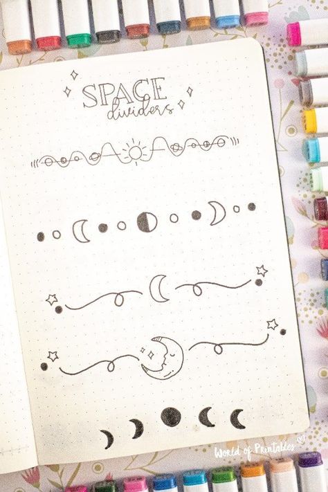 These dividers are so gorgeous and so easy to draw! The free bullet journal printables make it so easy to learn to draw bullet journal doodles and dividers. Space Bullet Journal, Journal Dividers, Draw Space, Bullet Journal Dividers, Bullet Journal Font, Bullet Journal Ideas Templates, Creating A Bullet Journal, Bullet Journal Paper, Bulletin Journal Ideas