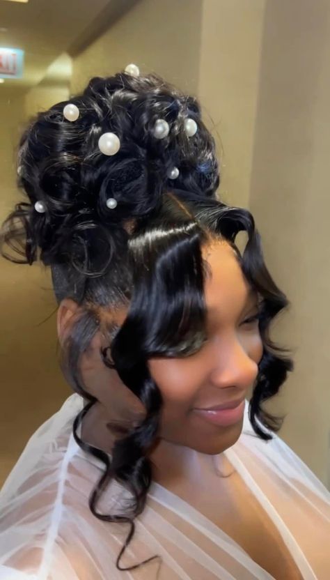 Prom Updos With Hair Piece, Pearl Hairstyles Updo, Pagent Hairstyles For Black Women, Prom Hairstyles With Accessories, Diamonds In Hair Black Women, Pearl Hairstyles Black Women, Prom Updo Black Women, Hair With Jewels, Wedding Updo Black Women