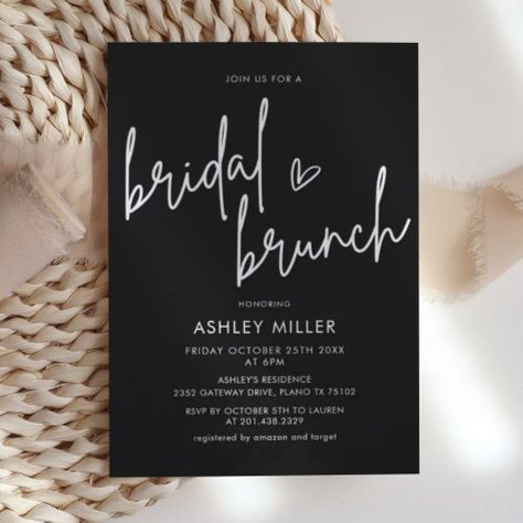 Minimalist Black Bridal Brunch Invitation #zazzle #weddinginvitations #birthdayinvitations #babyshowerinvitations #zazzleinvitations #monogram #businesscards #graduation #homedecor Black Bridal Shower Invitations, Bridal Brunch Invite, Black Themed Bridal Shower Party Ideas, Black And White Bridal Shower Theme, Black And White Wedding Shower Ideas, Black Bridal Shower Theme, Bridal Shower Themes Black, Moody Bridal Shower Ideas, Minimalist Bridal Shower Ideas