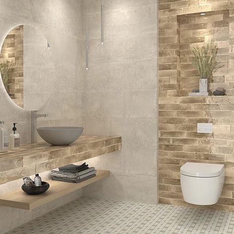 Taupe Tile Bathroom, White And Tan Bathroom, Taupe Bathroom Ideas, Balinese Bathroom, Bathroom Stone Wall, Spa Inspired Bathroom Decor, Brown Tile Bathroom, Taupe Bathroom, Stone Tile Bathroom