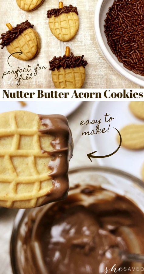 Acorn Nutter Butter Treats, Nutter Butter Ghost Cookies, Nutter Butter Acorn Cookies, Edible Acorns, Chocolate Acorns, Peanut Butter Cookies Chocolate, Nutter Butter Acorns, Coating Chocolate, Fall Recipes Snacks