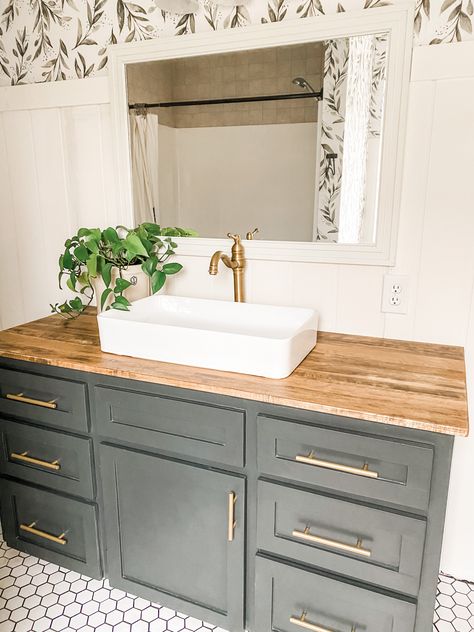 Vanity With Top Sink, Vessel Bathroom Sink Vanity, Square Sink Bowl On Top Of Vanity, Bathroom Sink Vessel Ideas, On Top Sink Bathroom, White Vanity With Vessel Sink, Bathroom With Wood Countertop, Raised Bathroom Sinks, White Vanity With Wood Top