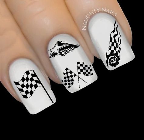 Nascar Nails, Car Nails, Racing Nails, Trending Nail Art Designs, Airbrush Nail Art, Race Design, Race Flag, Trending Nail Art, Flag Nails