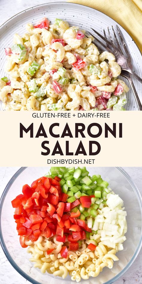 Perfect for picnics, barbecues and potlucks, this gluten-free macaroni salad is easy to make, tastes delicious, and is always a popular side dish during the summer! Totally dairy-free too. Gluten Free Dishes For Potluck, Gluten Free Pasta Salad Recipes, Gluten Free Potluck, Gluten Free Pasta Salad, Salad Recipes Gluten Free, Healthy Spring Recipes, Easy Macaroni Salad, Potluck Side Dishes, Dairy Free Pasta