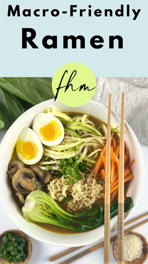 Macro Friendly Ramen With 30g of Protein! Low Sodium Ramen Broth, Ramen Noodle Recipes Low Sodium, Macro Friendly Ramen, High Protein Ramen Noodle Recipes, Macro Friendly Ramen Recipes, Low Carb Ramen Recipe, Protein Ramen Noodles, High Protein Ramen Recipe, High Protein Ramen Bowl