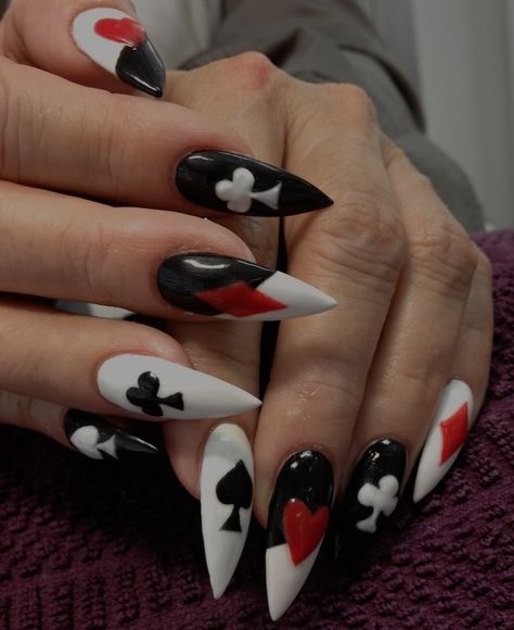 Nails Cards Design, Valentines Nails Goth, Card Acrylic Nails, Card Nails Acrylic, Card Deck Nails, Card Suit Nails, Card Inspired Nails, Alice In Borderland Nails, Ace Of Spades Nails