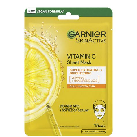 Wrap your skin in a veil of moisture with the Garnier SkinActive Moisture Bomb Vitamin C Sheet Mask. Illuminate your complexion with this supercharging formula, blended with a nourishing pool of skin-quenching ingredients.  Infused with hyaluronic acid, this rejuvenating mask helps to deeply hydrate the epidermis to reveal a plump, healthy-looking appearance. Enrich with vitamin C, this powerful ingredient helps to boost radiance and lock in moisture for an ultra-bright glow. Garnier Face Mask, Vitamin C Face Mask, Garnier Micellar Cleansing Water, Hydrating Skin Care, Brightening Face Mask, Garnier Skin Active, Face Sheet Mask, Mascara Facial, Hyaluronic Acid Serum