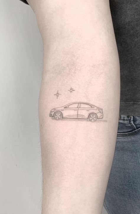 Line Work Car Tattoo, Fine Line Truck Tattoo, Car Tattoo Placement, Fineline Car Tattoo, Minivan Tattoo, Fine Line Car Tattoo, Small Car Tattoos For Women, Car Related Tattoos, Car Outline Tattoo