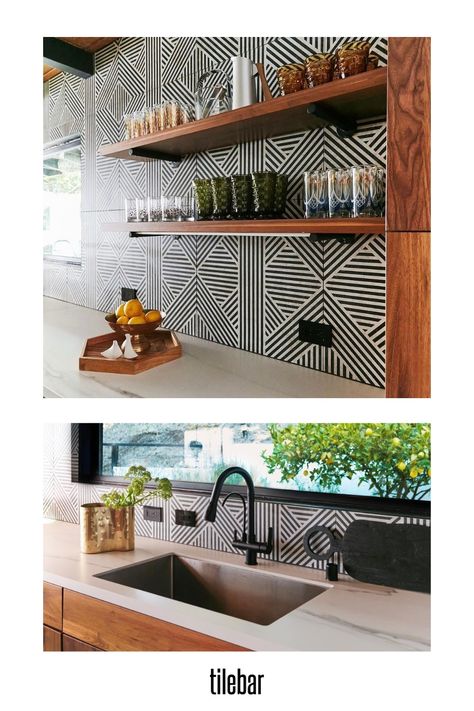 Sometimes all you need is a tile that stands out. This kitchen renovation is the perfect balance between sophisticated and unique. A little creativity can genuinely go a long way. Product: Nolita Black and White 24" x 24" Matte Porcelain Tile Credit: Nu Interiors Shop Now: www.tilebar.com/nolita-24x24-matte-porcelain-tile.html Fun Kitchen Tile Backsplash, White Kitchen Bold Backsplash, Funky Kitchen Backsplash Ideas, Black White Backsplash, Fun Backsplash, Unique Tile Backsplash, Black Tiles Kitchen, White Subway Tiles Kitchen Backsplash, Colorful Kitchen Backsplash