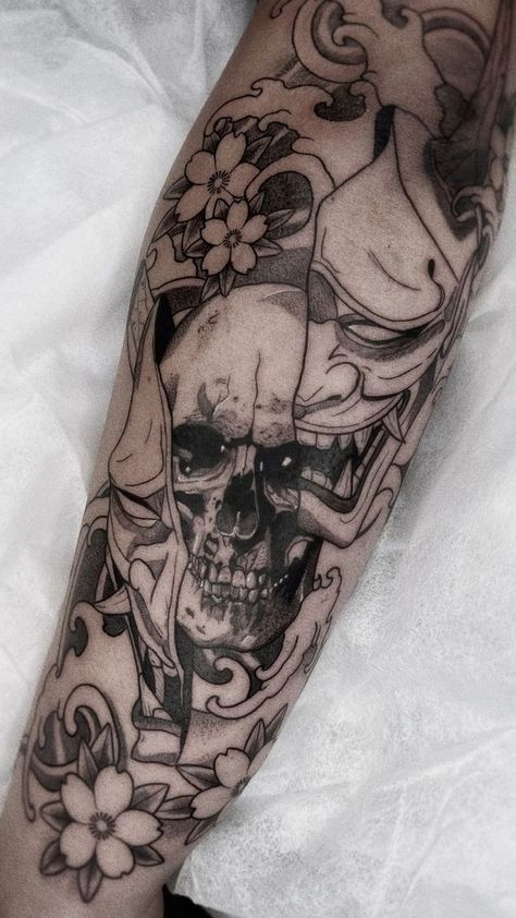 Female Hannya Mask Tattoo, Oni Mask Forearm Tattoo, Oni Skull Tattoo, Gothic Japanese Tattoo, Dark Japanese Tattoo, Japan Mask Tattoo, Japanese Blackwork Tattoo, Japanese Oni Tattoo, Japanese Skull Tattoo