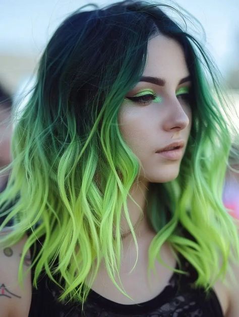 Colored Hair With Black Roots, Neon Green Ombre Hair, Vivid Hair Color Ombre, Rainbow Hair Color Ideas For Brunettes, Lime Green And Black Hair, Pulp Riot Hair Color Ideas, Crazy Color Hair Ideas, Summer Ombre Hair, Vivid Hair Color Ideas