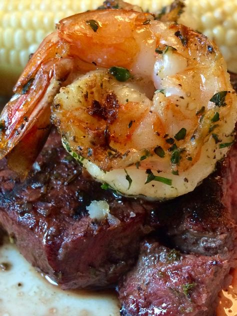 Filet Mignon Recipes Grilled, Pork Ribs Recipe, Mignon Steak, Filet Mignon Recipes, Filet Mignon Steak, Baked Potato Salad, Bbq Pork Ribs, Marinated Shrimp, Surf Turf