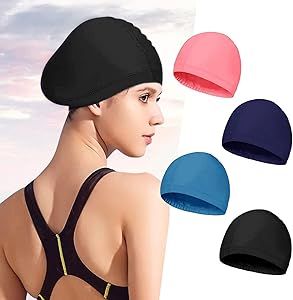 EGEKTBH Swim Cap, 4-Pack Swimming Cap Man Women, Pure Color Nylon Spandex Fabric Comfortable and Not Tight, Bathing Swim Cap for Long and Short Hair Hair Sports, Cap Man, Female Swimmers, Long And Short Hair, Swimming Cap, Swim Cap, Hair Pack, Women Bathing, Shower Caps