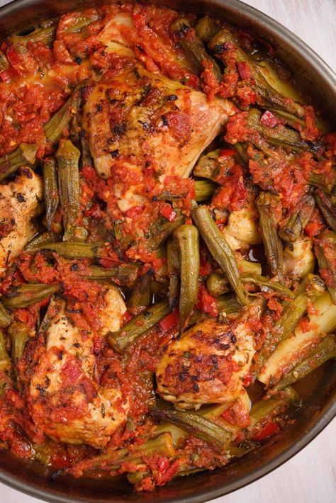 Chicken With Okra And Tomatoes - Real Greek Recipes Chicken And Okra Recipes, Fresh Okra And Tomatoes Recipe, Greek Chicken And Okra Recipes, Tomatoes And Okra Stewed, Greek Baked Chicken, Stewed Tomatoes And Okra Recipe, Chicken And Okra, Okra Tomatoes And Onions, Cook Okra