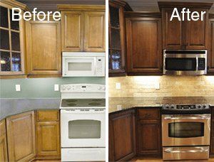 Stained Kitchen Cabinets, Before After Kitchen, Oak Kitchen Cabinets, Refinishing Cabinets, Cabinet Color, New Kitchen Cabinets, Kitchen Cabinets Makeover, Wood Kitchen Cabinets, Oak Kitchen