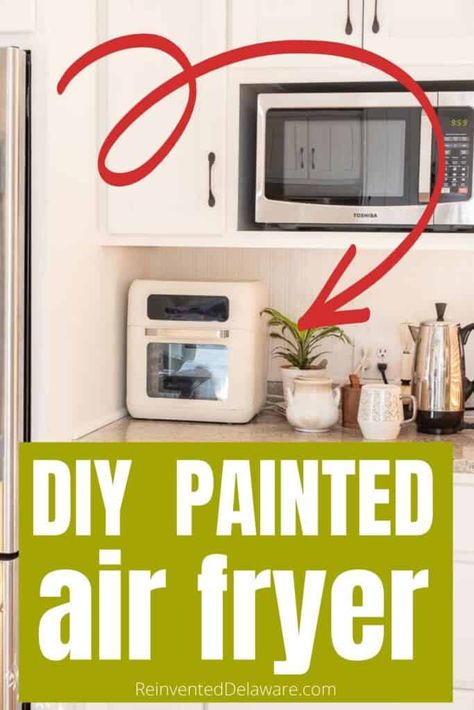 Does the color of your air fryer bother you? Here's a solution just for you: a DIY Kitchen Appliance Makeover! Let's get started! Microwave Makeover Diy, Air Fryer Station In Kitchen, Air Fryer In Kitchen Decor, Air Fryer On Countertop Decor, Painting Appliances Diy, Diy Kitchen Appliance Makeover, Microwave Station, Appliance Makeover, Painting Appliances