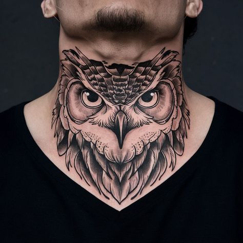 Owl Tattoo For Neck, Front Of Neck Tattoo Men, Neck Owl Tattoo, လည်ပင်း Tattoo, Best Neck Tattoos Men, Tattoo Neck Ideas, Lion Hand Tattoo Men, Tattoo Neck Men, Owl Tattoo Men