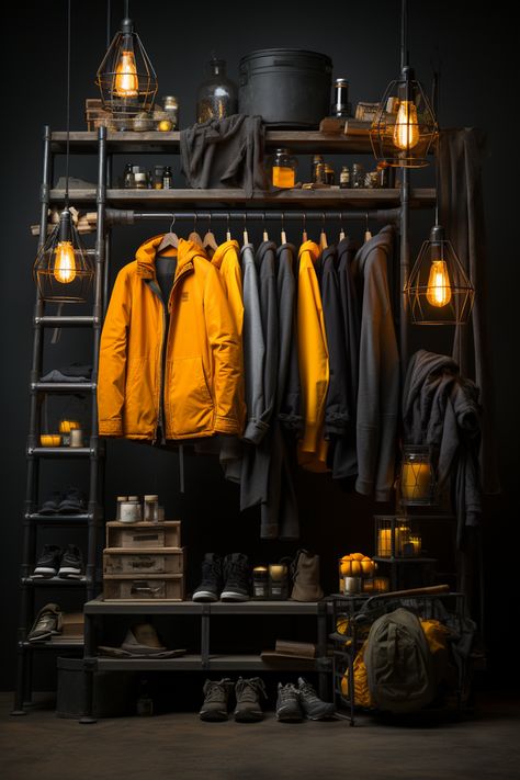 Behold an impeccably organized rack of coats and jackets showcased against a dark wall. The dark gray and amber color scheme sets a luminous atmosphere, reimagined by industrial light and magic. With tonal sharpness and rustic cabincore charm, this composition captures the fusion of masculine and feminine elements in an industrial chic setting. #Fashion #IndustrialElegance #CoatRack #Cabincore #architecture #design #home decor #coat rack #shoe cabinet #dirty wood color Industrial Interior Design Bedroom, Industrial Light And Magic, Rack Industrial, Industrial Chic Decor, Industrial Light, Dark Wall, Rack Design, Industrial Lighting, Amber Color