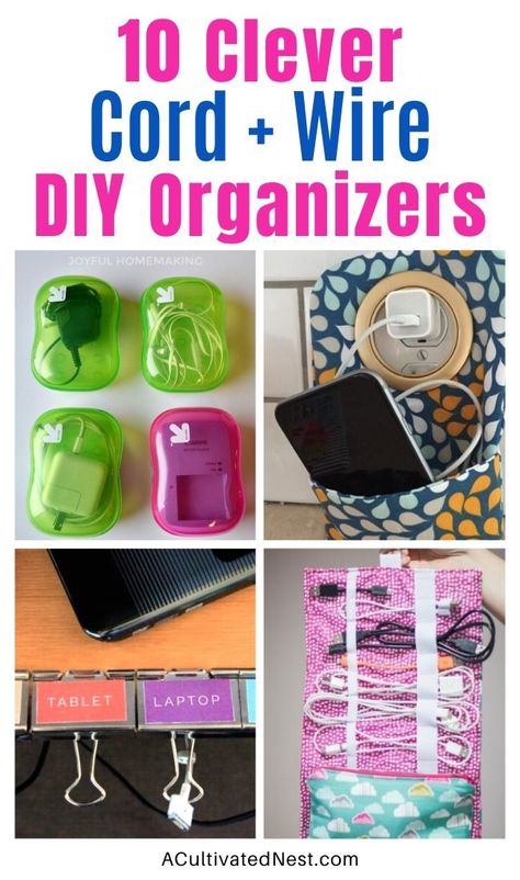 10 Clever Ways to Organize Cords and Wires- If you need some clever cord wrangling organization ideas, check out these genius ways to organize cords and wires! | #organization #organizingTips #homeOrganization #cordOrganization #ACultivatedNest Wires Organization, Cord Organization Storage, Charger Cord Organization, Organize Cords, Cord Organization Travel, Hide Electrical Cords, Power Cord Organizer, Charging Cable Storage, Craft Organisation