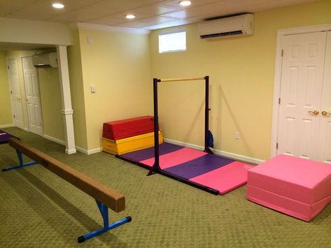 Inside Gymnastics Room, Gymnastic Room Ideas, Gymnastics Basement Ideas, Garage Gymnastics Gym, Basement Gymnastics Area, Home Gymnastics Room For Kids, Gymnastics Room In House, At Home Gymnastics Room, Home Gymnastics Room