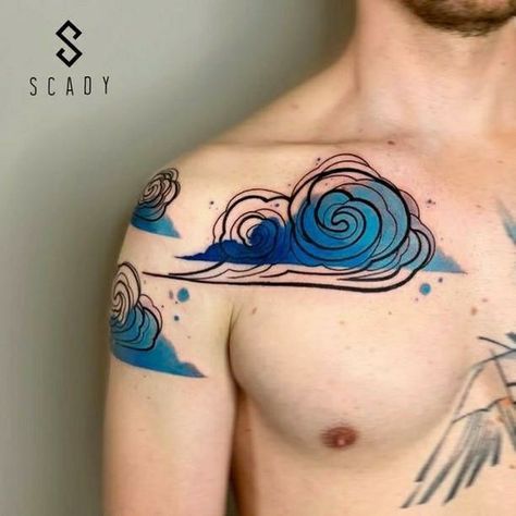 Compass Tattoo Colorful, Wave Cloud Tattoo, Pinochle Tattoo, Elemental Tattoos, Scifi Tattoo, Air Tattoos, High Contrast Tattoo, Color Tattoos On Dark Skin, Color Tattoo Ideas