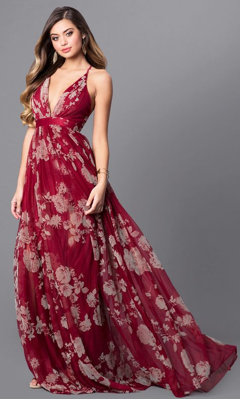 Boho White Poppies, Red Formal Dresses, Printed Prom Dresses, Floral Dress Formal, Floral Prom Dresses, Long Prom Gowns, Floral Dresses Long, Empire Waist Dress, Red Prom Dress