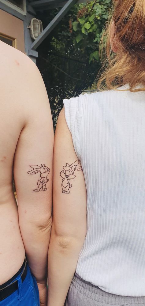 Cartoon Tattoos For Couples, Lola And Bugs Tattoo, Lola And Bugs Bunny Tattoo, Matching Cartoon Tattoos Couple, Bugs And Lola Tattoo, Funny Matching Couple Tattoos, Tom And Jerry Couple Tattoo, Lola Bunny Tattoo, Disney Couple Tattoos