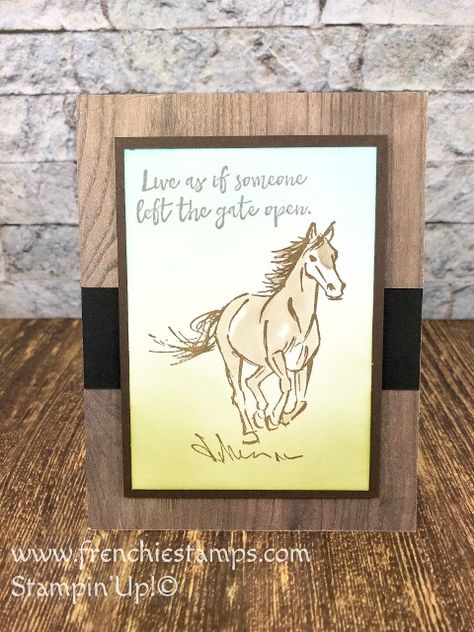 Great tip to use a window sheet and the stamparatus to align your greeting or sentiment on your cards. Stamp set Let It Ride.  All product by Stampin'Up! Available at frenchiestamps.com Dawns Stamping Thoughts, Horse Cards, Stampin Pretty, Masculine Birthday Cards, Encouragement Cards, Stamping Up Cards, Male Cards, Animal Cards, Masculine Cards