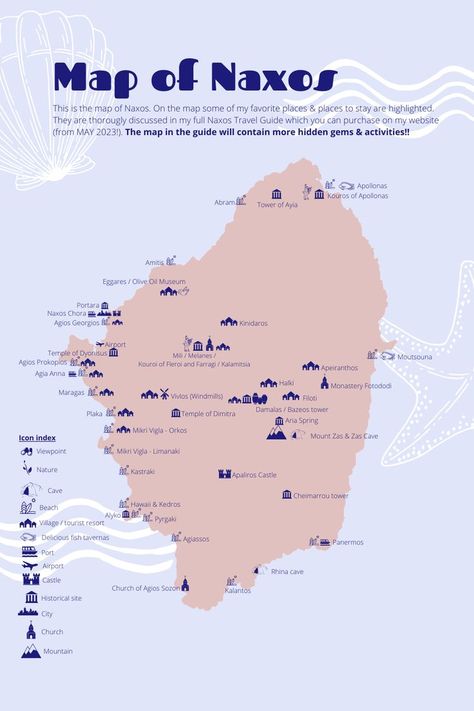 Map of Naxos with highlights and things to do Greek Islands Vacation, Naxos Greece, Naxos Island, Greek Island Hopping, Greece Map, Greek Travel, Mediterranean Travel, Greece Travel Guide, Dream Vacations Destinations