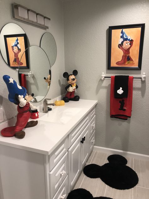 My Mickey Mouse bathroom Mickey Room, Disney Themed Bathroom, Disney Guest Bathroom, Disney Bathroom Ideas, Small Bathroom Ideas Disney, Disney Bathroom Ideas For Adults, Mickey Mouse House Decor, Disney Restroom Decor Bathroom Ideas, Mickey Mouse Bathroom Ideas