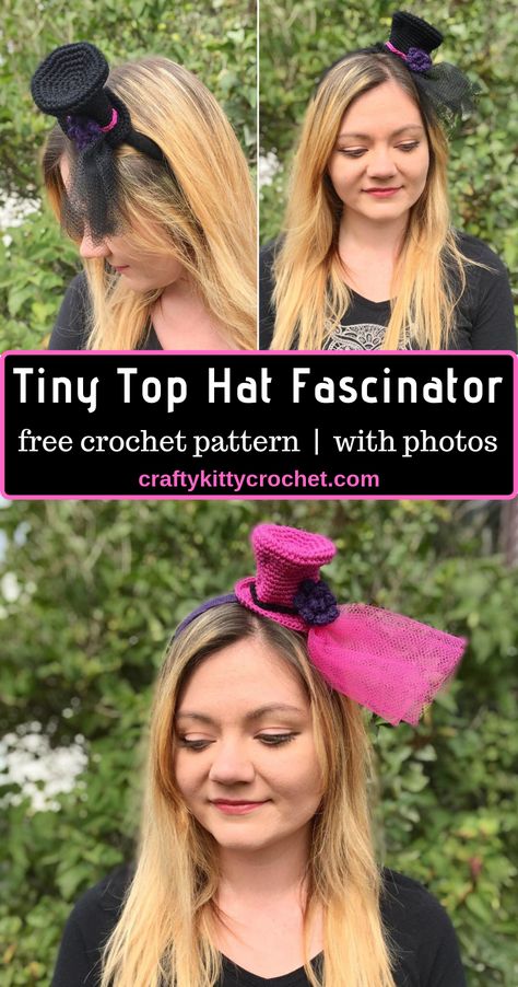 Tiny Top Hat Fascinator Crochet Pattern - Crafty Kitty Crochet Crochet Fascinator Free Pattern, Mini Crochet Top Hat, Crochet Fascinator Pattern, Crochet Fascinator, Crochet Top Hat, Tiny Top Hat, Top Hat Fascinator, Flapper Halloween, Crochet Costumes