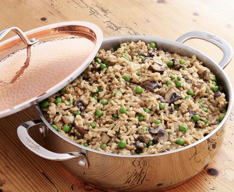 Giada’s Mushroom Risotto with Peas | Giadzy Mushroom And Pea Risotto, Risotto With Peas, Roasted Root Vegetable Salad, Root Vegetable Salad, Italian Side Dishes, Giada De Laurentiis Recipes, Giada Recipes, Savory Foods, Cooked Carrots