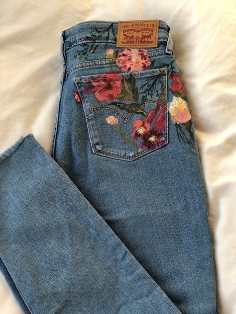 FLORAL JEANS CUSTOM Levis Hand-painted and Hand-embroidered | Etsy Painted Apparel, Jean Painting, Custom Jeans Diy, Jean Diy, Jeans Art, Painting Shoes, Painting Ideas Easy, Painted Clothes Diy, Flower Jeans