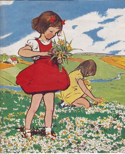 Picking Flowers Illustration, Picking Flowers Drawing, Muriel Dawson, Meadow Illustration, Girl Picking Flowers, Vintage Friendship, Sunny Meadow, Fresh Girls, Picking Flowers