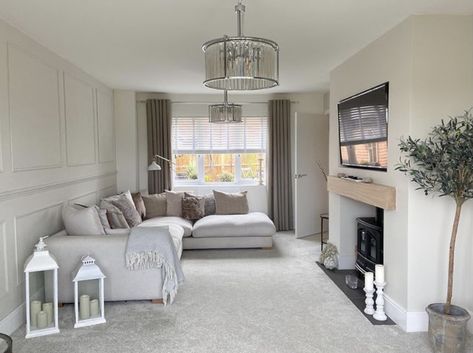 Cream Front Room Ideas, Living Room Grey Carpet Decor, Neutral Living Room Grey Carpet, Living Room Cream Carpet, Plush Sofa Dfs, Light Grey Carpet Living Room, Living Room Designs Grey Carpet, Cream Lounge Ideas, Cosy Lounge Ideas