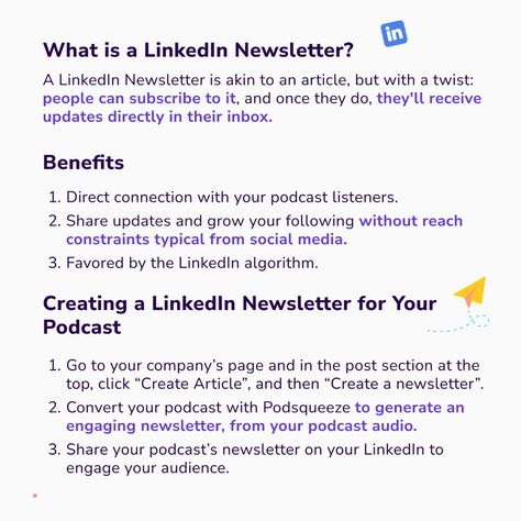 📢 Have you ever think to start a LinkedIn Newsletters ? 🤔 What are Linkedin Newsletters ? Linkedin newsletters is a new feature from LinkedIn, where readers who like your content can subscribe to the articles you write on Linkedin and get it delivered to their inbox. 😍 Benefits * Directly connect with the listeners of your podcast * Share new podcast updates with listeners * Get recommended by LinkedIn algorithm Linkedin newsletters get better reach & grow your following faster ❓ How to ... Linkedin Algorithm, Creating A Newsletter, Get Better, Have You Ever, Marketing Tips, Like You, Podcast, To Start, Benefits