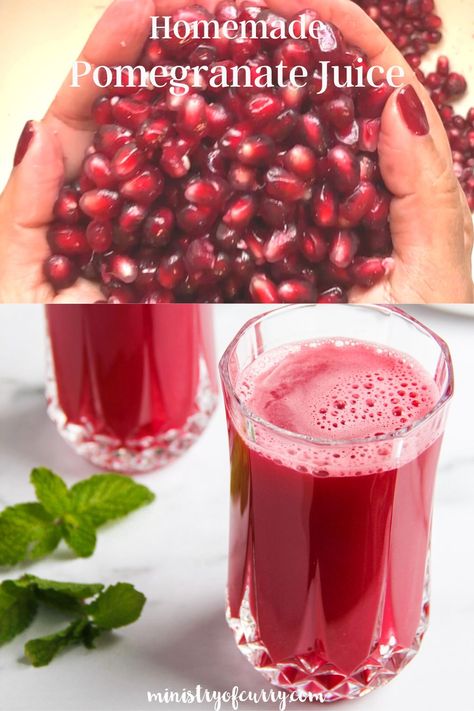 How to make homemade Pomegranate Juice. Perfect for the holidays! #ministryofcurry #drinks #christmas Fruits Juice Recipes, Benefits Of Pomegranate Juice, Pomegranate Smoothie Recipes, Pomegranate Benefits For Women, Pomegranate Recipes Drinks, Pomegranate Juice Recipe, Pomegranate Juice Benefits, Fresh Drink Recipes, Pomegranate Health Benefits