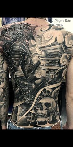 Japanese Samurai Back Tattoo, Samurai Full Back Tattoo, Tattoos Down The Spine, Japanese Tattoo Back, Back Tattoo Japanese, Samurai Back Tattoo, Japanese Warrior Tattoo, Koi Tattoo Sleeve, Japanese Back Tattoo