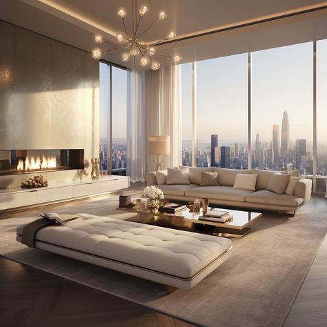 Penthouse Minimalist, Penthouse Layout, New York City Luxury, Penthouse Living Room, Penthouse Living, Aesthetic Interior Design, Navy Blue Living Room, Luxury Penthouse, Interior Design Elements