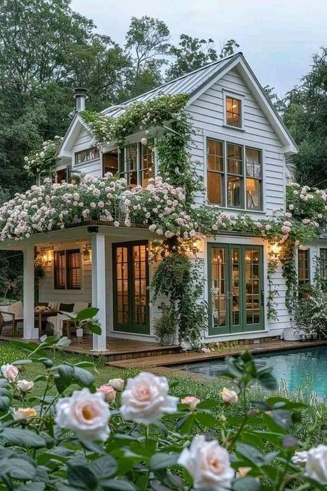 French Country, Cottage & Farmhouse | Facebook Cottage House Aesthetic, White Cottage Exterior, Shabby Chic Cottage French Country, French Country House Exterior, Cozy House Exterior, Cottage Layout, French Cottage Garden, Country House Exterior, Small Lake Houses