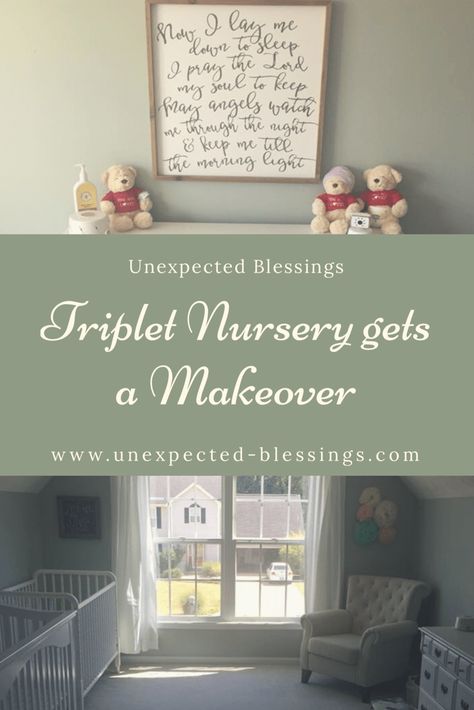 Triplet Nursery gets a Makeover Nursery For Triplets, Neutral Organization, Triplet Nursery, Triplets Nursery, Gender Neutral Bedroom Kids, Nursery Set Up, Unexpected Blessings, Nursery Makeover, Kid Approved Meals